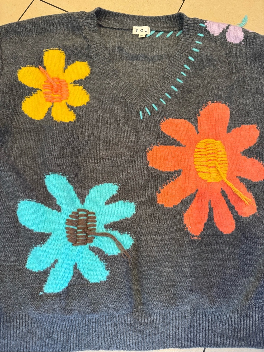 POL Dark Gray Women’s Floral Knit Sweater with Bright Daisy Appliqués - Picture 2 of 5
